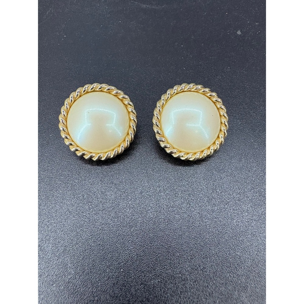Vintage Gold Pearl Like Twisted Rope Border Clip On Button Earrings 1 Inch